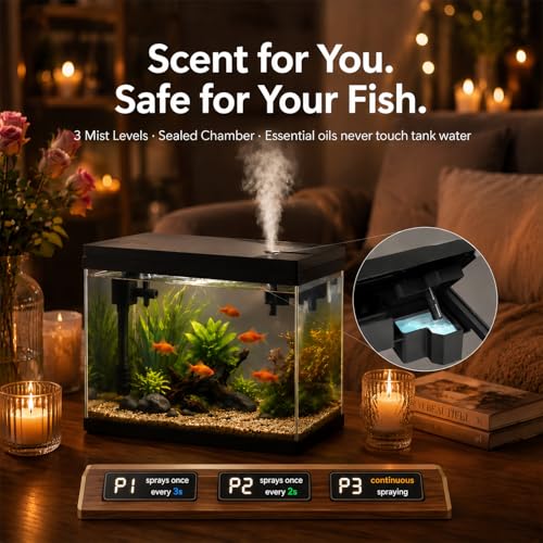 BARKBUDDY 2.4 Gallon Desktop Betta Fish Tank, All-in-One Starter Kit with Ultra-Quiet 3-in-1 Pump, 8-Mode LED, Temperature Display & Aroma Mist, for Office, Bedroom & Kid's Room