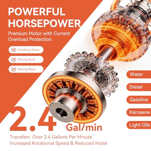 2.4GPM Portable Fluid Transfer Siphon Pump with Oil Pipeline, Fuel Transfer Pump, Adjustable-Flow Gasoline Siphon Pump, Suitable for Gasoline, Non-Potable Water, Diesel, and Kerosene, Orange