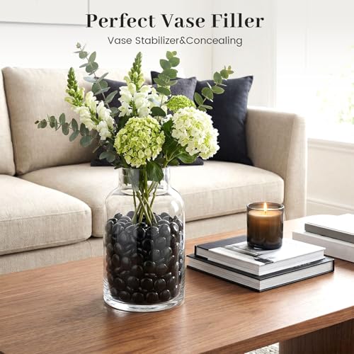 FUTUREPLUSX 1LB Black Flat Glass Marbles, Glass Pebbles Vase Filler, Dark Beads Fishbowl Decorative Gem for Table Scatter Home Decor - color: Black
