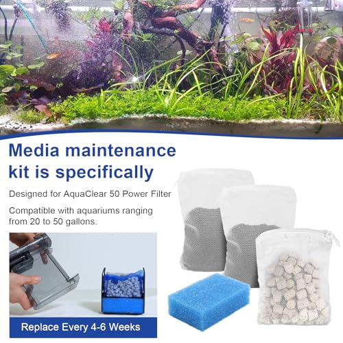 Aquarium Media Maintenance Kit Replacement for Fluval AC50 Power Filter, Includes 1 Blue Foam Filters, 1 Pack Ceramic Rings and 2 Activated Carbon Bag, for 20-to-50 Gallon Aquariums