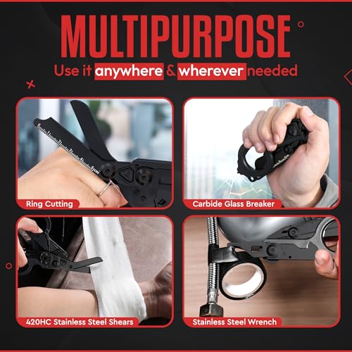 Heavy Duty 6 in 1 Multipurpose Emergency Trauma Shears Scissors with Holster, Outdoor Camping Rescue Tools with Glass Breaker, Strap Cutter Stainless Steel Foldable Scissors Pliers - color: Black/Black