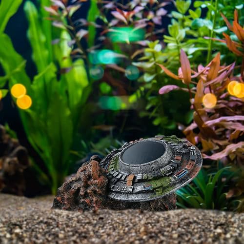 Saim UFO Wreckage Aquarium Ornament - Eco-Resin Fish Tank Hideout with Exploration Cave for Betta & Shrimp, 5.11" Stable Base Underwater Landscape Decor
