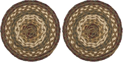 VHC Brands Tea Cabin Jute 8 inch Trivet Log Cabin Country Rustic Lodge Kitchen Tabletop Design, Moss Green and Deep Red (Pack of 2) - size: 8" Trivet (Pack of 2)