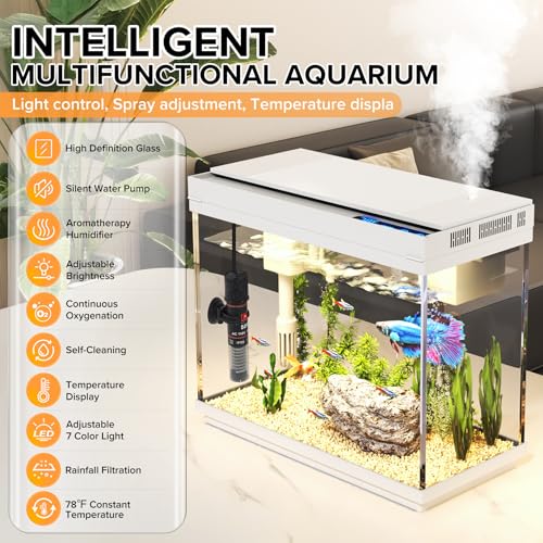 Vehipa Aquarium, 2.4 Gallon Betta Fish Tank with Heater, Humidifier 3 in 1 Pump - Filteration & Oxygenation & Circulation, Temperature Display, HD Glass, Timed 7-Color Lights - color: Pure White