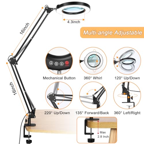 12X Large Magnifying Glass with Light and Clamp, Real Glass, 5 Color Modes, Stepless Dimmable, 2 x 16 Inch Adjustable Swing Arm Stand Desk Lamp, LED Lighted Magnifier Hands Free for Close Work, Hobby - color: Black, size: 12X 32inch Clamp