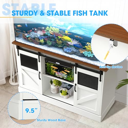 55-75 Gallon Fish Tank Stand with Sliding Barn Doors & Power Outlet, Heavy Duty Aquarium Stand with Cabinet Storage for 2 Fish Tank/Turtle Tank/Reptile Terrarium Accessories, 1260LBS (White) - color: White