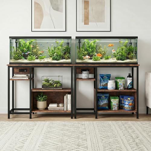 Heavy Duty 40-50 Gallon Aquarium Stand - Metal & Wood, 4-Tier Open Storage Shelves, Drawer, Power Outlets, for Fish Tank & Terrariums, 36.6" x 18.9" x 30.7" - Rustic Brown - color: Brown