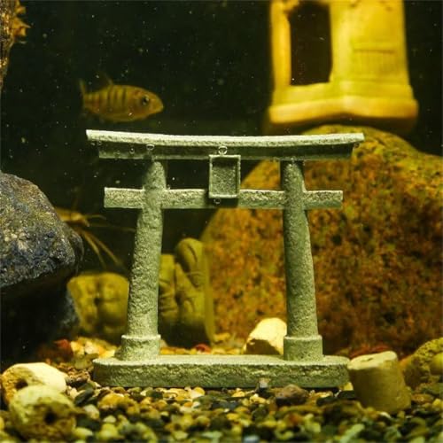 livelyfish Japanese Shinto Torii Gate Statue Asian Fish Tank Decor Sandstone Pagoda Figurines for Aquarium Decoration, L - size: Large