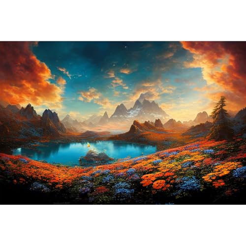 Autumn Theme Aquarium Background Tranquil Lake Blue Sunset Sky Fish Tank Background Colorful Flowers Mountains Clouds Reptile Tank Backgrounds Fall Style Reptile Enclosure Backgrounds Poster 24x12in - color: Red_Blue, size: 24(W)x12(H)inches/ 60(W)*30cm(H