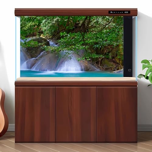 Waterfall Aquarium Background Jungle Forest Stream Fish Tank Background Rock Falls Green Trees Reptile Tank Backgrounds Natural Waterfall Forest Landscape Aquarium Backgrounds Wallpaper 24x12in - color: Dark_Green, size: 24(W)x12(H)inches/ 60(W)*30cm(H)