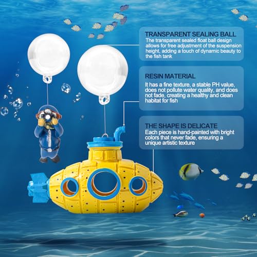 CousDUoBe New Upgrade Floating Fish Tank Decoration, Cute Retro Submarine Set and Floating Diver,Three Float Balls, Aquarium Decorations Resinous Betta Fish Tank Accessories - color: Yellow