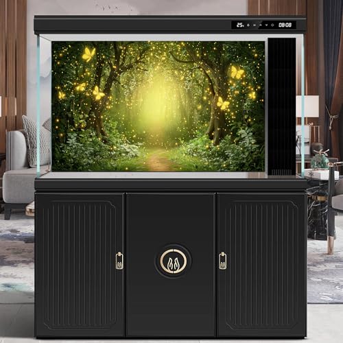 Fairy Tale Woodland Aquarium Background Fantasy Forest Mystical Fireflies Fish Tank Background Serene Tranquil Forest Night Scenery Terrarium Backgrounds Foggy Forests Reptile Tank Backgrounds 24x12in - color: Warm Green, size: 24(W)x12(H)in