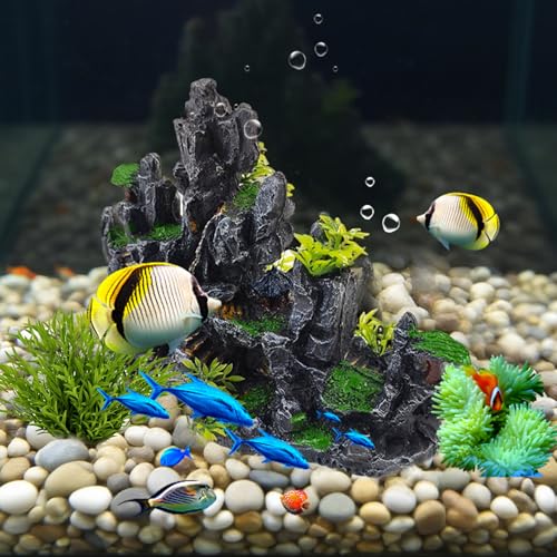 Aquarium Ornaments View Mountain,Fish Tank Decorations Resin Rock Landscape Artificial Stone Aquarium Decor with Plant Cave for Small Fish Shrimp