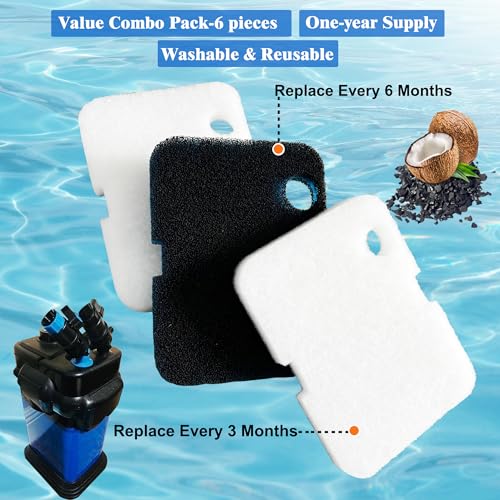 6 Pack Replacement Activated Carbon Sponge Bio Filter Pads and White Floss Pads and for Cascade 700/1000 CCF2UL CCF3UL, Compatible with Penn-Plax Cascade 700 & 1000 Canister Aquarium Filters