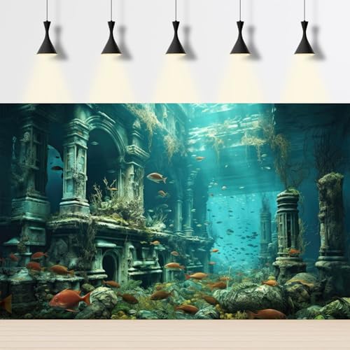 Under The Sea Aquarium Background Sunken Ancient City Ruins Fish Tank Background Forgotten Underwater City Fish Schools Swimming Terrarium Backgrounds Marine Ruins Reptile Tank Backgrounds 24x12in - color: Light Blue_Green, size: 24(W)x12(H)in