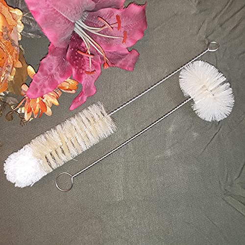 Bottle Brushes Thin Long Handle X 2, Skinny Wire Cleaner Set in Stainless Steel with Natural Boar Bristle at Wool Tip, Bendable Flexible for Cleaning Narrow Neck Bottles, Pipe, Tube, Hose