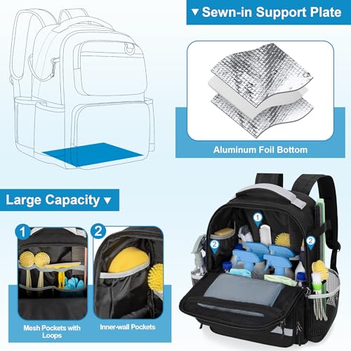 HODRANT Large Rolling Cleaning Backpack with Detachable Trolley & Waterproof Bottom, Cleaning Supplies Bag with Handle & Support Plate, Cleaner Caddy Organizer for Car Wash & Housekeeping Tool Storage
