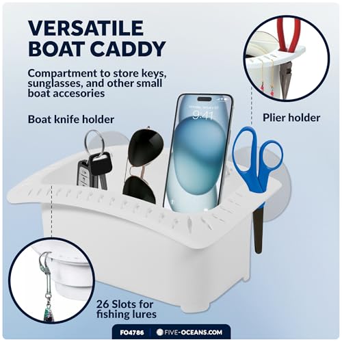 Five Oceans Boat Caddy Organizer, Suction Cups Mount, White ABS - Storage with Drainage, Knife, Plier & 26 Lure Holders for Boats, Pontoons, Fishing Boats, Kayaks - FO4786 - style: With Lure Slots