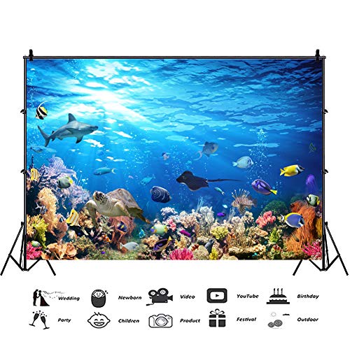 Underwater World Ocean Backdrop Blue Ocean Coral Reef Turtle Shark Tropical Fish Under The Sea Aquarium Decorations Background Birthday Party Cake Table Studio Props 5x3ft - color: Aqua Blue, size: 5x3ft (150x90cm)