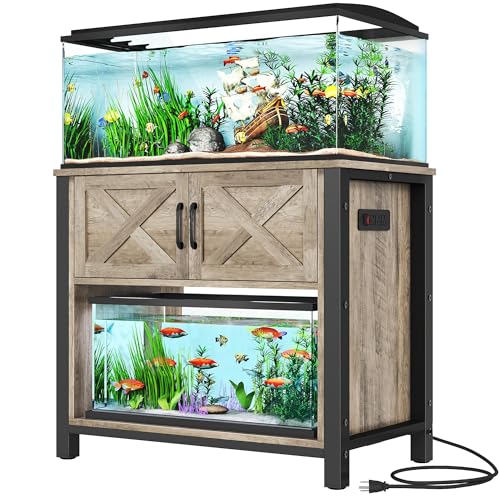 DWVO Heavy Duty Metal Aquarium Stand with Power Outlets, Cabinet for Fish Tank Accessories Storage - Suitable for 40-50 Gallon Fish Tank Stand, Turtle, Reptile Terrarium, 660LBS Capacity, Grey