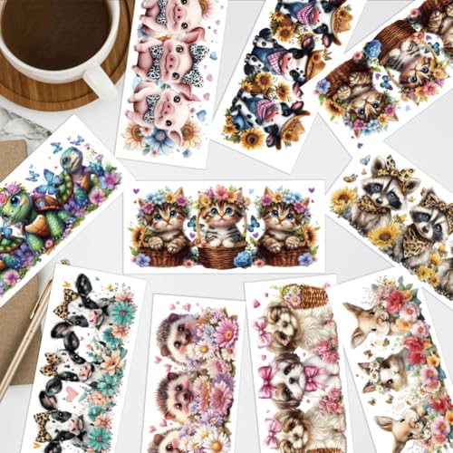 arricraft 10 Sheets Cute Animals UV DTF Cup Wrap for 16OZ Glass, Animal-Shaped Flowerbeds Rub on Decals PVC Transfer Stickers for DIY Cups Wood Funiture 24x11cm/9.4x4.3inch - style: Cute Animals Theme
