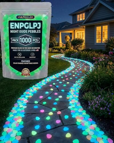 Colorful Glow in the Dark Garden Stones Night Guide Pebbles Luminous Rocks Outdoor Pathway Walkway Yard Patio Fish Tank Aquarium Stepping Decor Landscape Waterproof Solar Magical - color: Green, size: 1000pcss