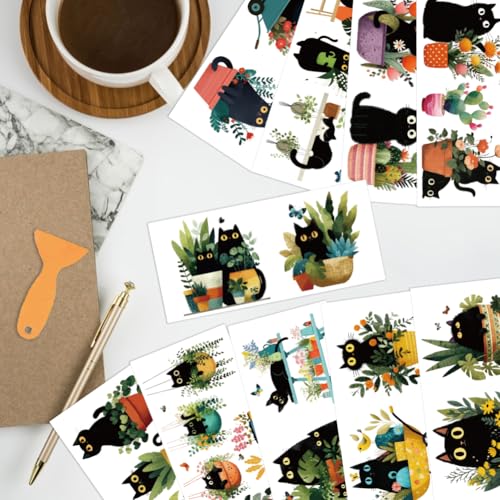 arricraft 10 Sheets UV DTF Cup Wrap for 16OZ Glass, Black Cat and Potted Plant Rub on Decals PVC Transfer Stickers for DIY Cups Wood Funiture 24x11cm/9.4x4.3inch - style: Black Cat and Potted Plant Theme
