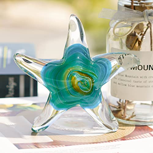 QFkris 5" Glass Star Fish, Crystal Handmade Glass Blown Table Decor, Starfish Figurine, Collectible Ornament,Clear and Green for Women - color: Blue and Green