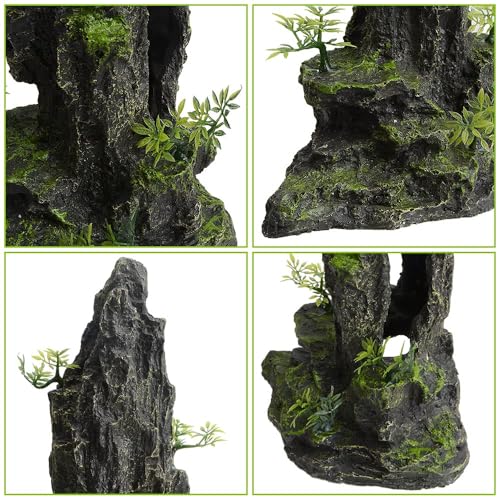 AnRui Aquarium Decorations Large and Tall Mountain View Stone Betta Hideout Fish Tank Accessories Decor Cute Tree Rock Cave Landscape for Turtles, Fish to Play, 14.4inch - size: 8.07" x 4.92" x 14.4"