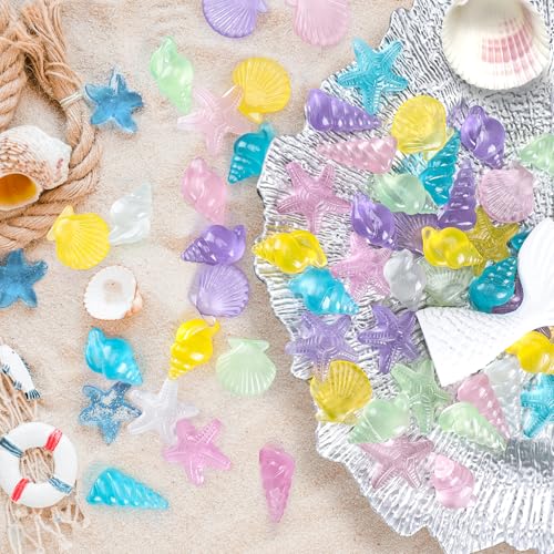 Babenest 4 Styles Acrylic Seashells Gems, 65pcs Glow in The Dark Sensory Bin Fillers for Ocean Sea Shells Beach Theme Party Wedding Decoration Scatter Table Vase Fillers Home DIY Crafts - color: Seashells, size: Noctilucent