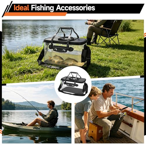 OMISTAR Foldable Fishing Bucket, Collapsible Transparent EVA Fish Storage Bag, Live Fish Container with Aeration Hole & Shoulder Strap, Live Bait Bucket for Fishing, Camping