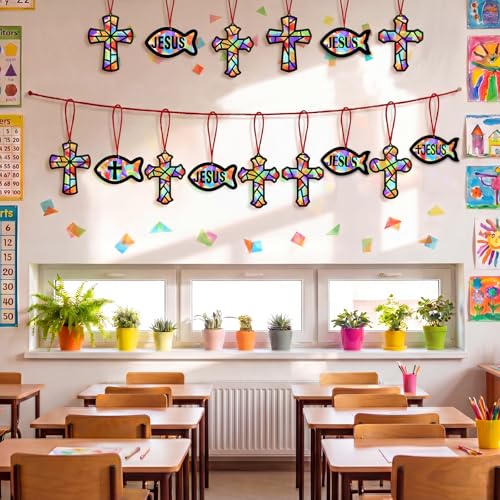48PCS Sunday School VBS Crafts Bulk: Paper Cross Fish Nativity Suncatchers, Jesus Religious Christian Activity DIY Kits Church Decorations, Window Stained Glass Effect Art Supplies - style: jesus fish and cross