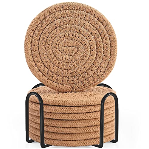 ABenkle 8 Pcs Drink Coasters with Holder, Cotton Woven Absorbent Coasters for Drinks, Minimalist Home Decor Coaster Set for Wooden Tabletop Protection Table, 4.3 inches Brown - color: Brown, size: 8 Pcs