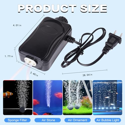 Dual Outlet Aquarium Air Pump Kit – Includes 2 Sponge Filters, Air Stones, Check Valves & Tubing - size: 5-155 Gallon