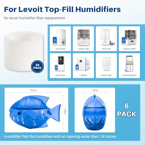 Top Fill Humidifier Filter Replacement for LEVOIT Classic160, Dual150, Dual200S, Classic300(S), LV600S, OasisMist 450S, Superior6000S Series Humidifiers to improve Humidification- 20 Filters + 6 Fishs - color: Humidifier Filters -20+6 Pack