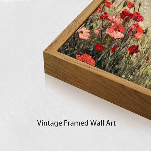 OIQArtOIQ Vintage Landscape Canvas Wall Art Framed Natural Scenery Painting Artwork Prints France Country Wilderness Farmhouse Decor Pictures Kitchen Bedroom Living Room Bathroom - color: Corn Poppy, size: 12x16 in