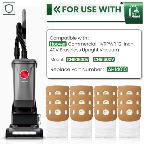 12 Pack AH14010 Vacuum Cleaner Bags for Hoover Commercial HVRPWR 40V Cordless Upright Vacuum CH90600V, CH91600V | 5.5 Quart HEPA Media Filter Bags with 5-Layer Filtration & Leak-Proof Design