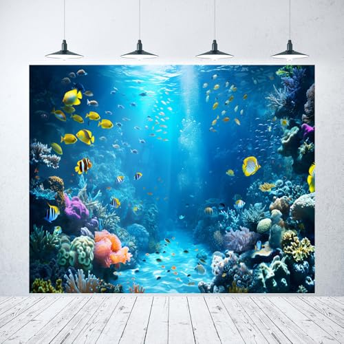 Under The Sea Backdrop 12x10ft Ocean Backdrop Underwater World Colorful Tropical Fish Coral Aquarium Deep Sea Sunlight Photography Background Birthday Under The Sea Party Decorations Photo Props - color: Blue2, size: 12x10ft
