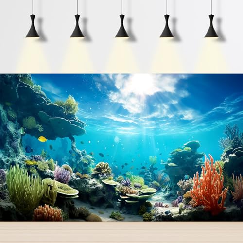 Under The Sea Aquarium Background Underwater Coral Reef Aquatic Plants Fish Tank Background Undersea Cave Marine Life Terrarium Backgrounds Ocean Floor Seascape Reptile Tank Backgrounds 24x12in - color: Blue_Green, size: 24(W)x12(H)in