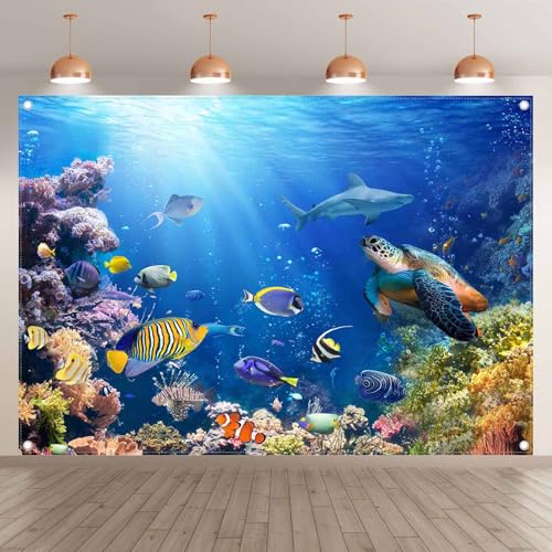 7x5ft Under The Sea Photography Backdrop Ocean Underwater World Background Aquarium Coral Baby Shower Decorations Birthday Party Photo Banner - size: 7'x5'