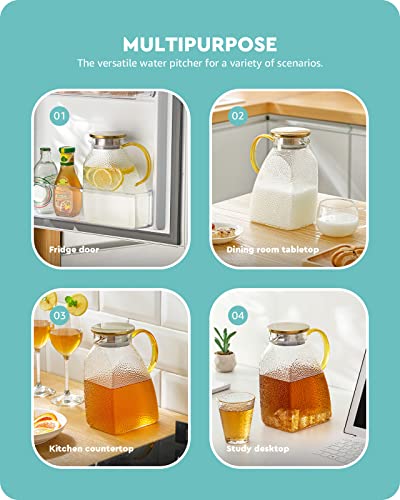 Baffect Water Pitcher, High Borosilicate Glass Jug with Stainless Steel Lid, Leakproof Fridge Door Carafe for Hot or Cold Beverage (1.8 L/63 oz.) - style: Hammer Pattern