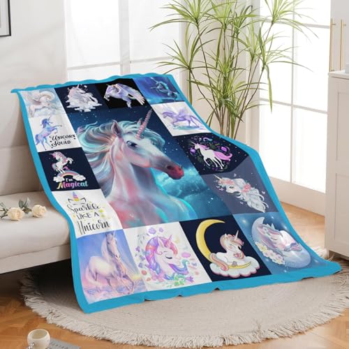 Unicorn Blanket for Girls Kids Women Adults Soft Cozy Flannel Fleece Blue Fantasy Unicorn Throw Blanket Gifts Warm Fluffy Plush Decor for Couch Sofa 50"x40" - color: Blue Unicorn, size: 50"x40"