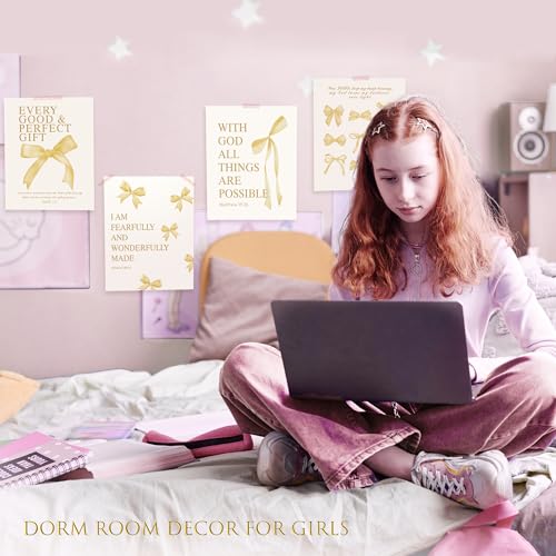LARTSFRO Coquette Yellow Bow Wall Art Decor Posters, Butter Yellow Bow Room Bedroom Bathroom Dorm Wall Art Decor Aesthetic for College Teen Girls Gifts, Inspirational Bible Verses Bow Wall Decor, 10x8 Inch Set of 4 Pcs Bow Pictures (UNFRAMED) - color: but