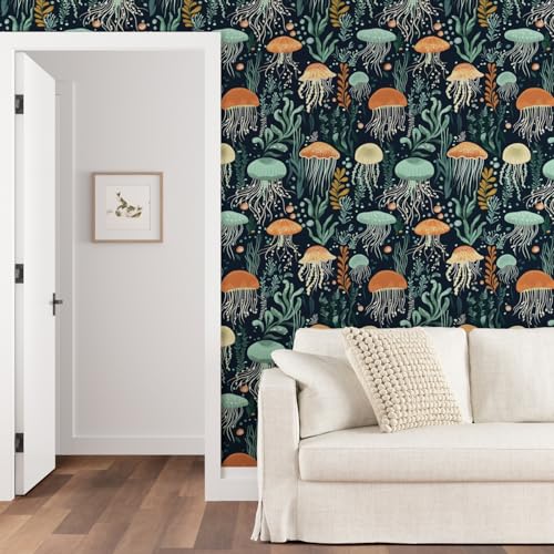 Laatse Blue Jellyfish Wallpaper Peel and Stick, Vintage Sea Ocean Contact Paper 17.5" x 118", Seaweed Wall Paper Self Adhesive Removable Waterproof for Children's Room Bathroom Shelves Cabinet Table - color: Dark Blue/Orange, size: 17.5" x 118"