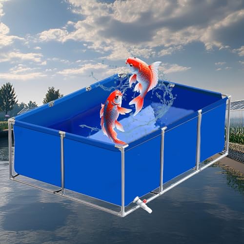 Large Outdoor Fish Holding Tank with Drain Valve, Canvas Fish Pond.Outdoor Above Ground Fish Holding Tank Large PVC Aquarium Pool with Steel Frame for Koi Fish & Turtles Durable Blue Pond Li - color: Blue, size: 3×3×0.5m(9.8×9.8×1.6ft)