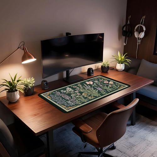 Deep Green Retro Desk Pad, Plant Flower Mouse Pad XXL, Large Gaming Mouse Mat, Laptop Pad, Desktop Protective Pad, Computer Mats with Stitched Edges, Women Office Desk Accessory 31.5"X15.7" - color: Green Lavender