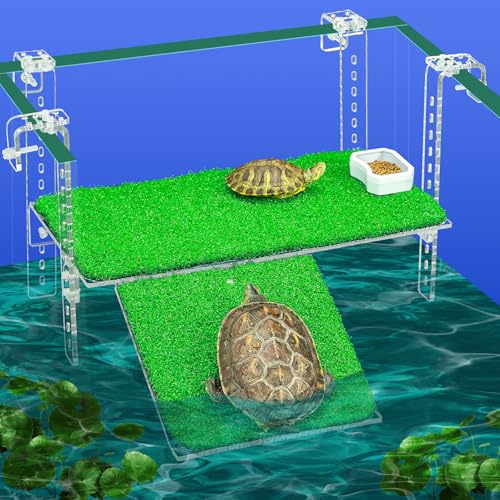 Adjustable Hanging Turtle Dock with Anti-Slip Artificial Grass Basking Platform Sturdy Acrylic Ramp for Aquatic Turtles, Compatible with Various Tank Sizes, Easy Setup Transparent, 15 Inch - size: 15x8.1 Inch