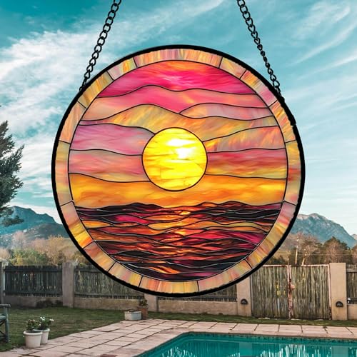 DASTOLL Stained Glass Window Hanging, Sunrise Sea Surface Sun Catchers Diamond Glass Panel Hangings Abstract Suncatcher Decor for Birthday for Women, Men, Wife, Aunt, and Mom 14.9 in - color: Gold, size: 14.9x14.9 IN