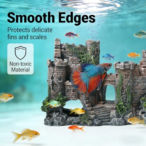 Fish Tank Aquarium Castle Decor, Hiding Spots, Safe for Aquatic Pets to Breed Play & Rest, Freshwater Saltwater Tank Landscaping Accessory