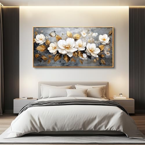 FUHAIHUA Wood Framed Canvas Wall Art For Living Room Wall Decor For Bedroom Office Wall Decoration White Flower Painting Farmhouse Pictures Artwork Room Aesthetic Home Decor 20x40 In - color: White Flower Wood Framed, size: 40"L x 20"W